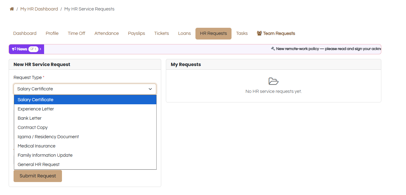 HR Service Requests and Letters